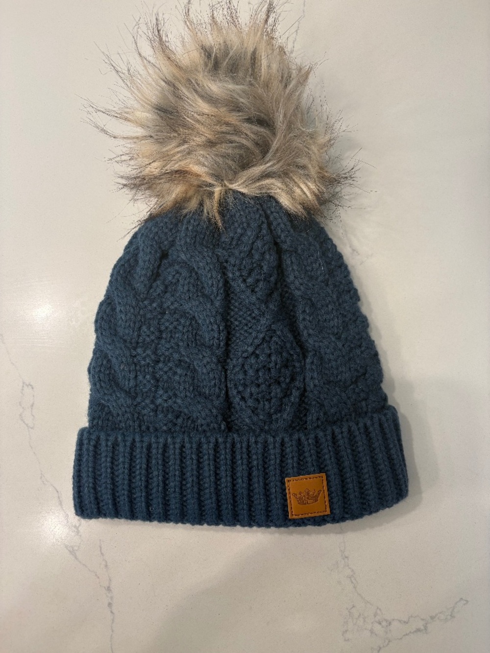 Panache Steel Blue  cable knit hat with matching pom